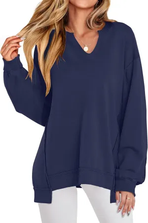 ANRABESS Womens Oversized Sweatshirts V Neck Long Sleeve Tunic Lightweight Pullover Shirts 2025 Fall Tops Teen Girls Outfits