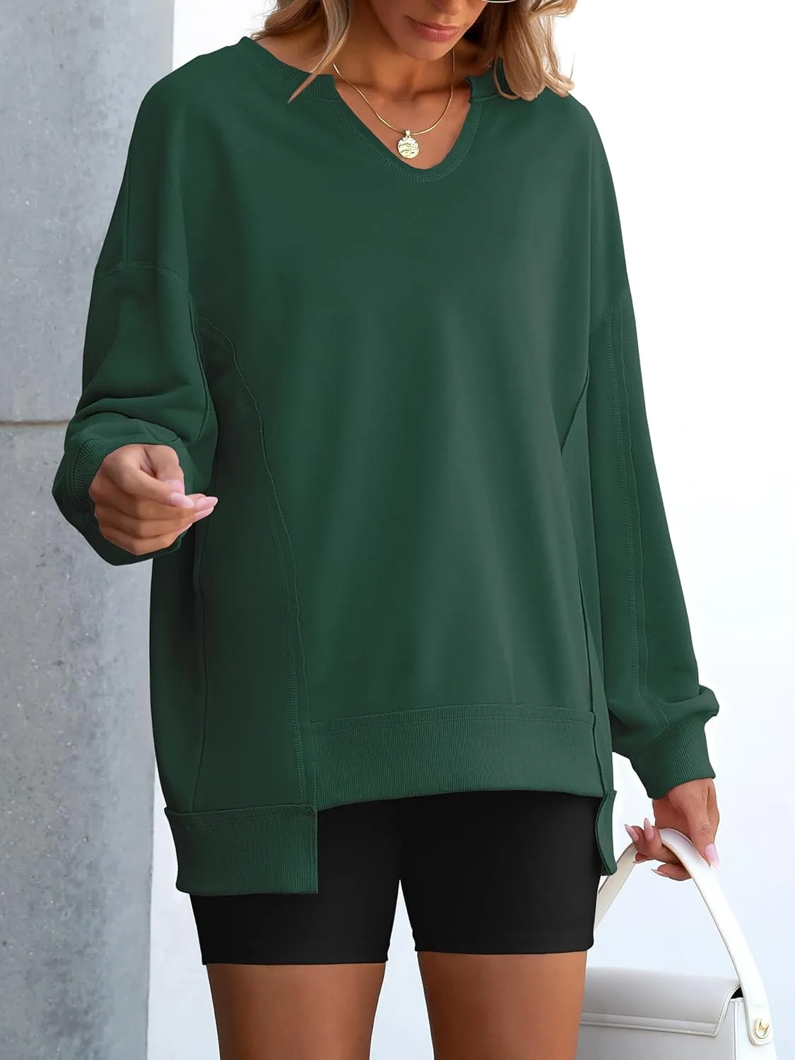 ANRABESS Womens Oversized Sweatshirts V Neck Long Sleeve Tunic Lightweight Pullover Shirts 2025 Fall Tops Teen Girls Outfits