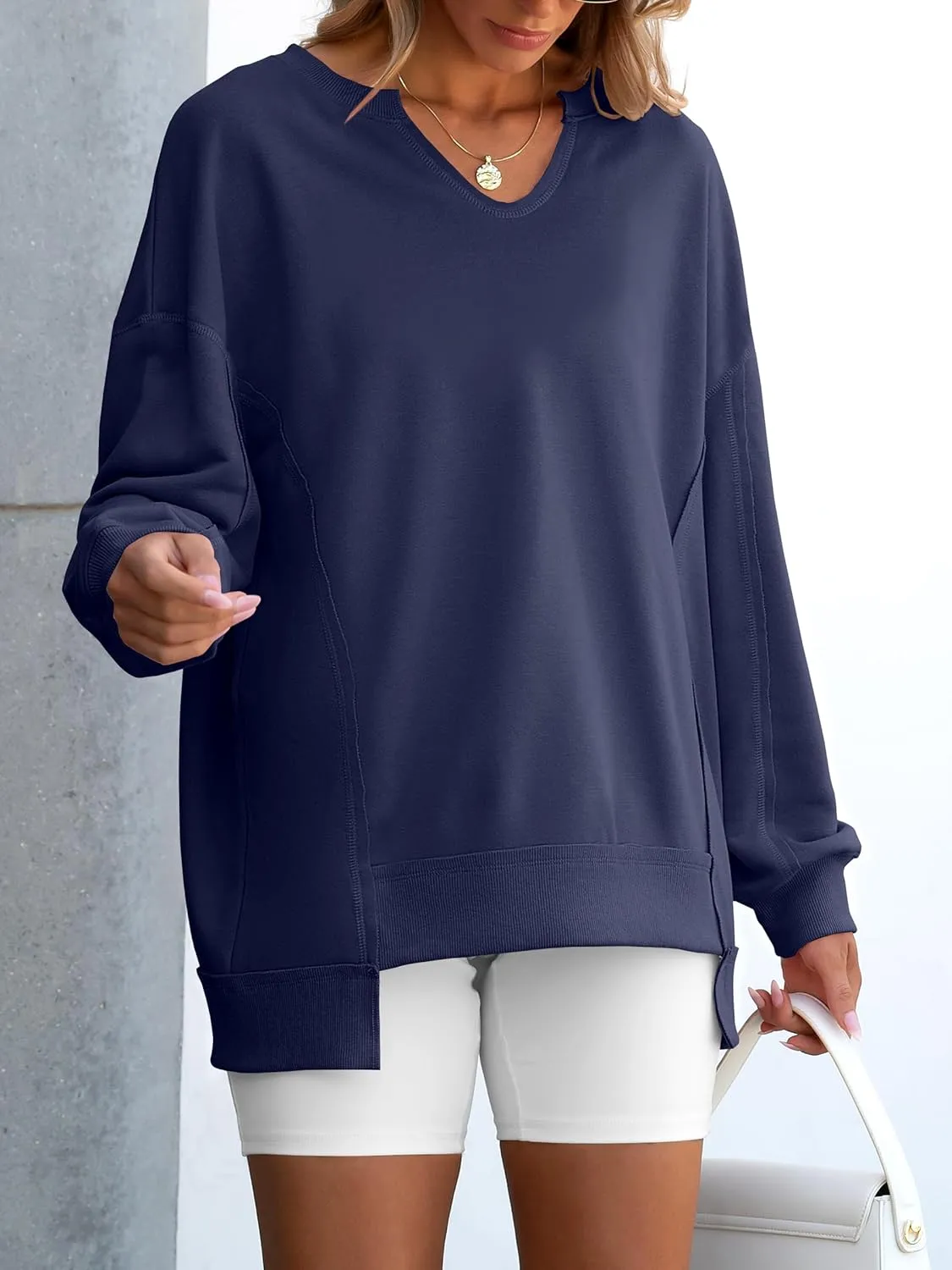 ANRABESS Womens Oversized Sweatshirts V Neck Long Sleeve Tunic Lightweight Pullover Shirts 2025 Fall Tops Teen Girls Outfits