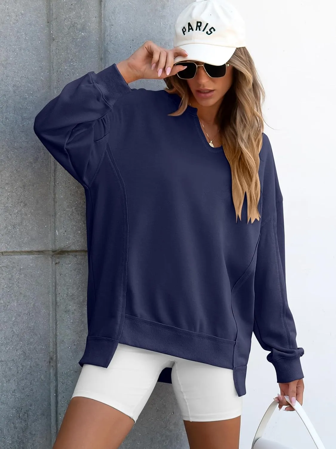 ANRABESS Womens Oversized Sweatshirts V Neck Long Sleeve Tunic Lightweight Pullover Shirts 2025 Fall Tops Teen Girls Outfits