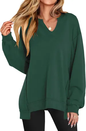 ANRABESS Womens Oversized Sweatshirts V Neck Long Sleeve Tunic Lightweight Pullover Shirts 2025 Fall Tops Teen Girls Outfits