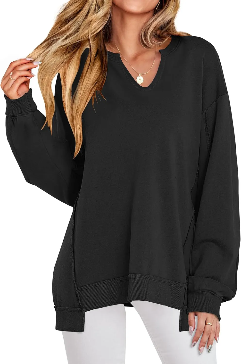 ANRABESS Womens Oversized Sweatshirts V Neck Long Sleeve Tunic Lightweight Pullover Shirts 2025 Fall Tops Teen Girls Outfits