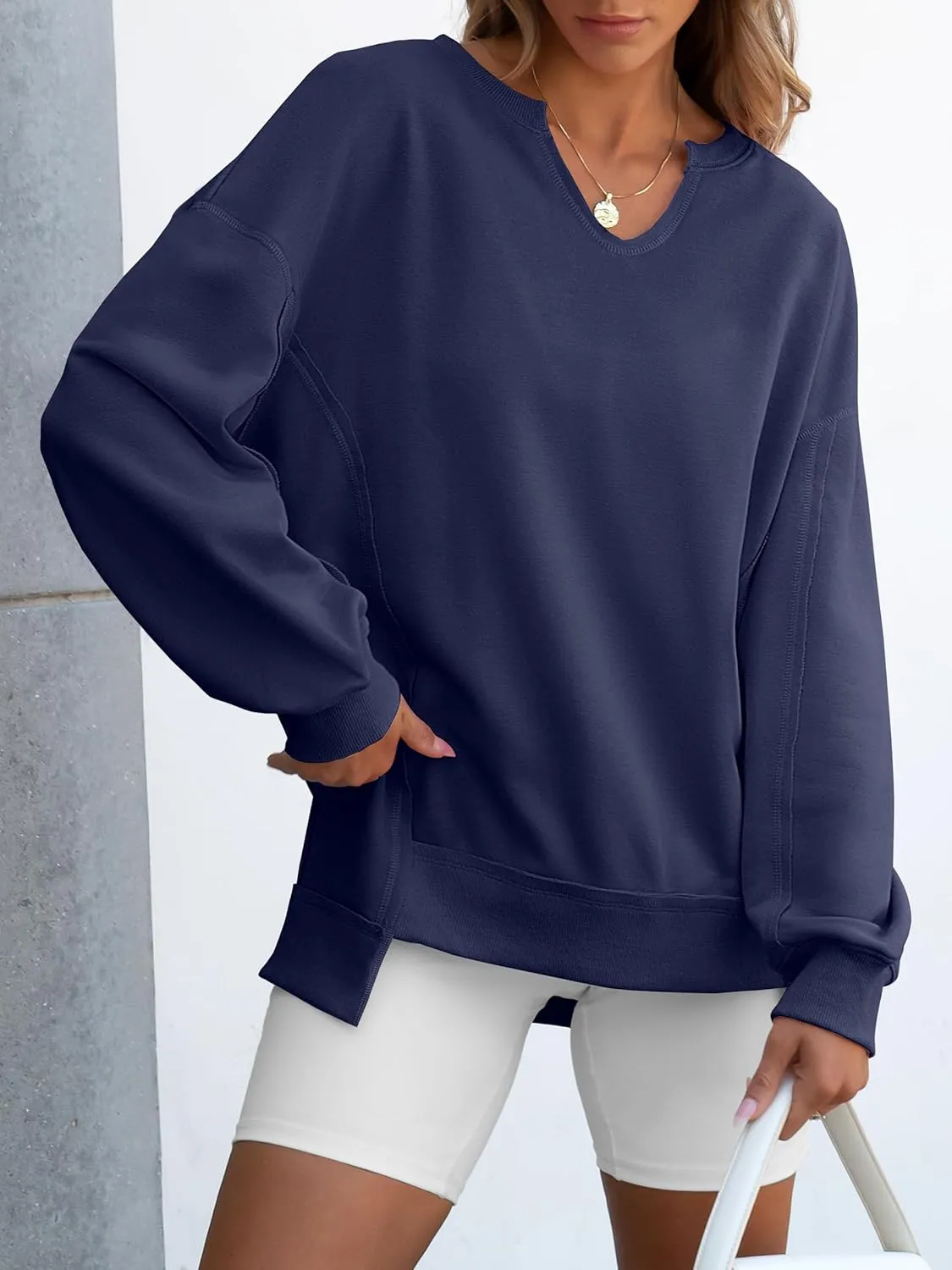ANRABESS Womens Oversized Sweatshirts V Neck Long Sleeve Tunic Lightweight Pullover Shirts 2025 Fall Tops Teen Girls Outfits