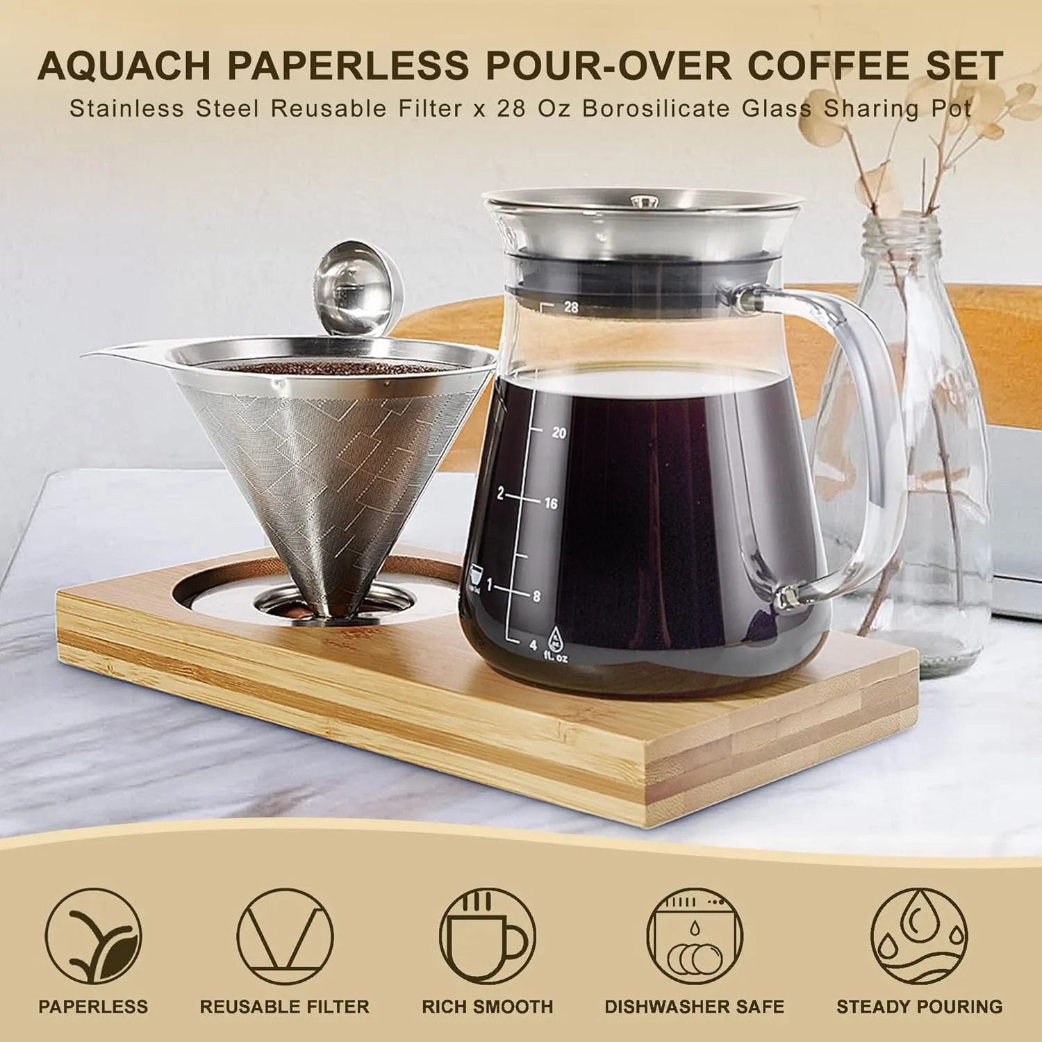 Aquach Pour Over Coffee Maker Set with Extra Large Coffee Dripper, 28 oz Glass Carafe, Stainlesss Steel Coffee Scoop and Bamboo Storage Tray, Unique Set for Home or Office