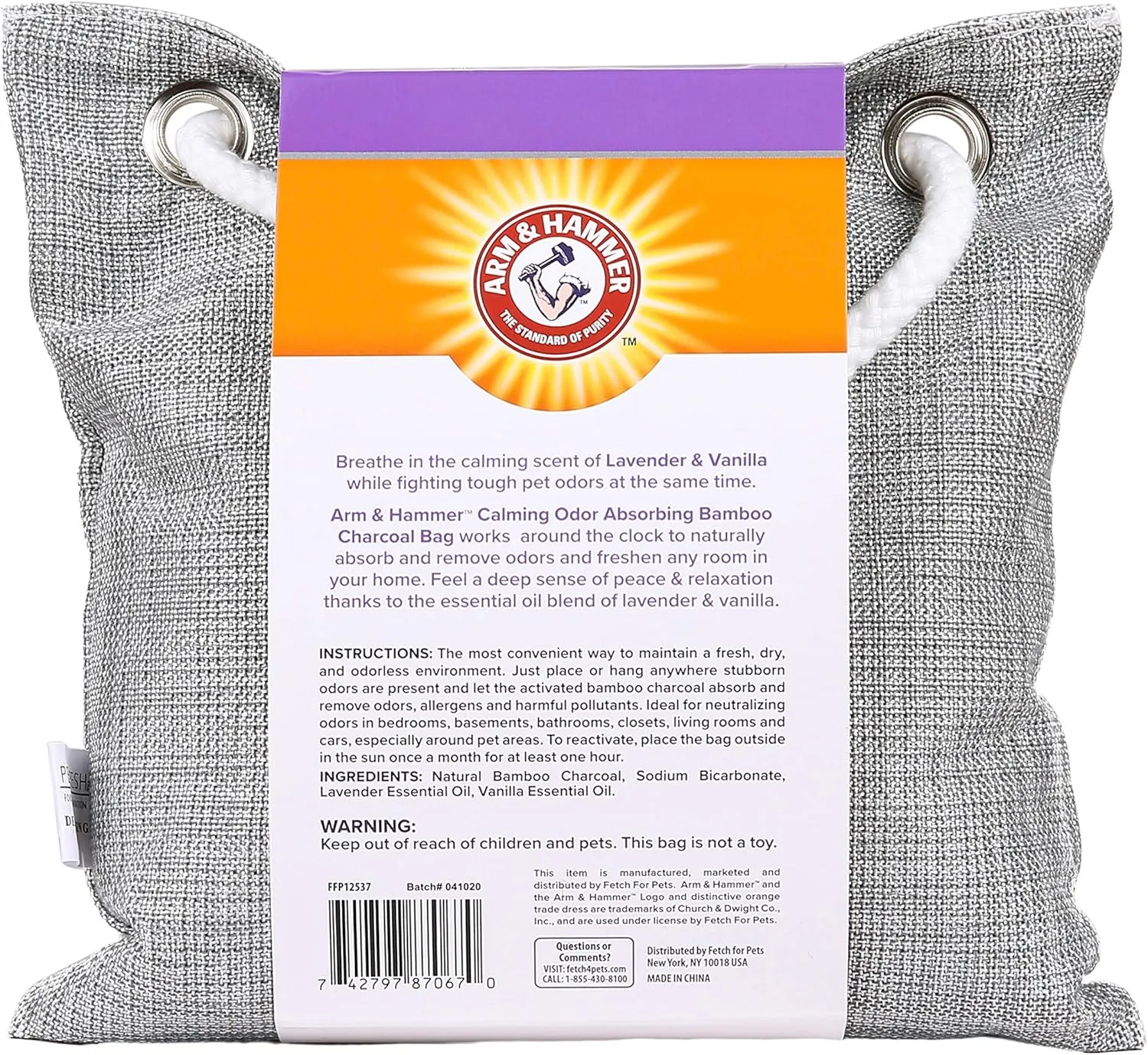 Arm & Hammer for Pets Air Care Calming Bamboo Charcoal Air Purifying Bag in Lavender Vanilla Scent | 17.6 oz Odor Absorbing Charcoal Bag | Easy Pet Odor Eliminator for Pet Households (FF12537)