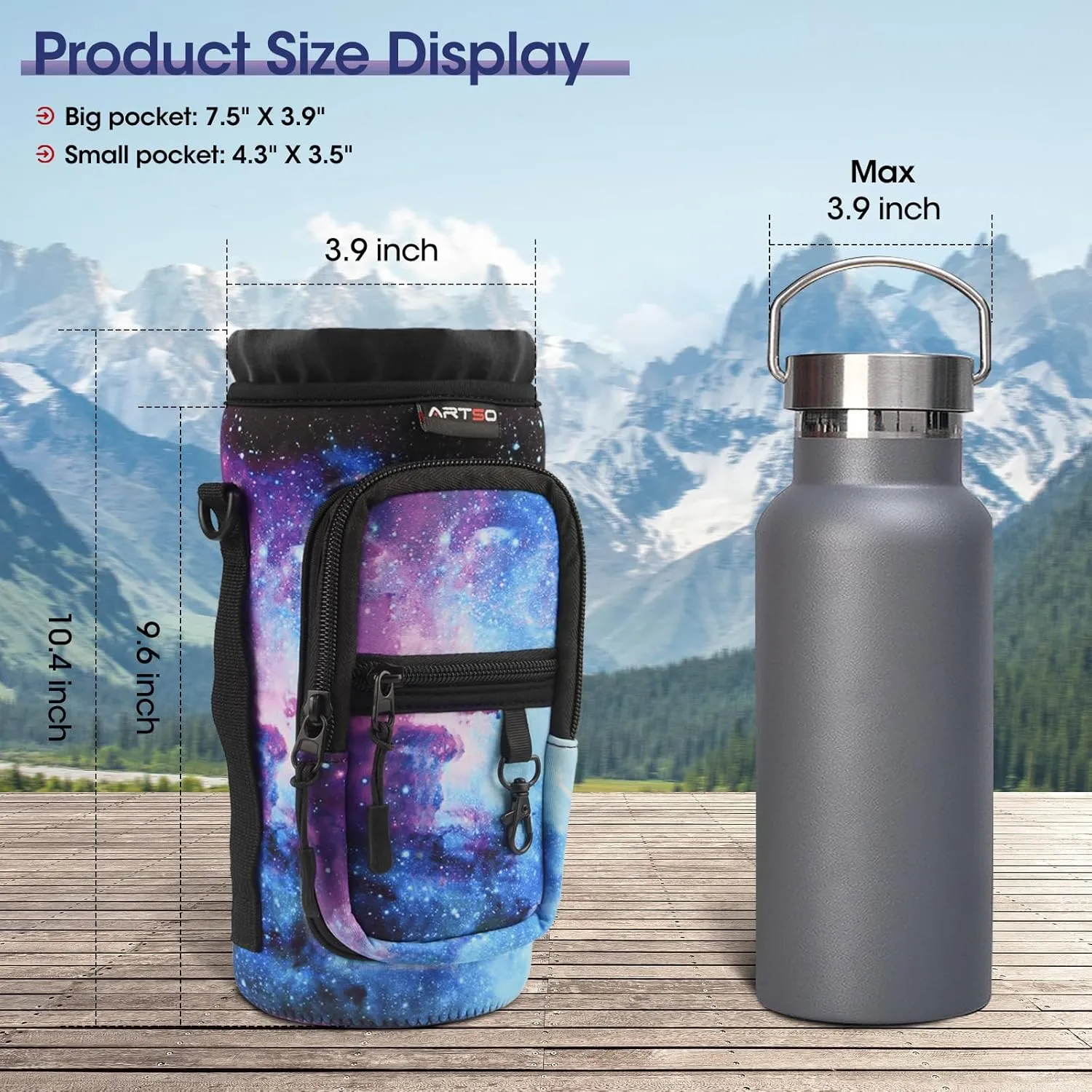 ARTSO Water Bottle Carrier Bag Sling Holder Pouch, 25oz 32oz 40oz 64oz Insulated Water Bottle Sleeve Case Cover with Adjustable Shoulder Hand Strap Pocket for Hiking Camping Travelling, Galaxy