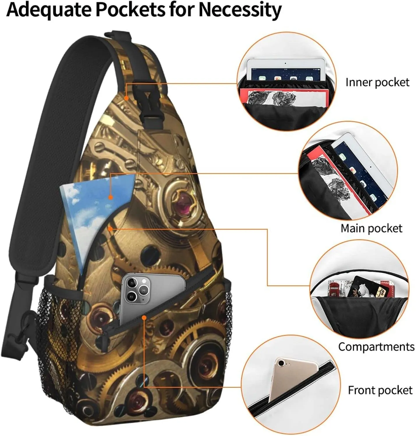 ASYG Steampunk Sling Bag Crossbody Chest Daypack Casual Backpack Vintage Clock Shoulder Bag For Travel Hiking