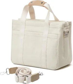 Attached Bottom Canvas Tote Bag with Multi Pockets Zipper Crossbody Satchel Hobo Three-Layer Mom Bag Diaper Bag