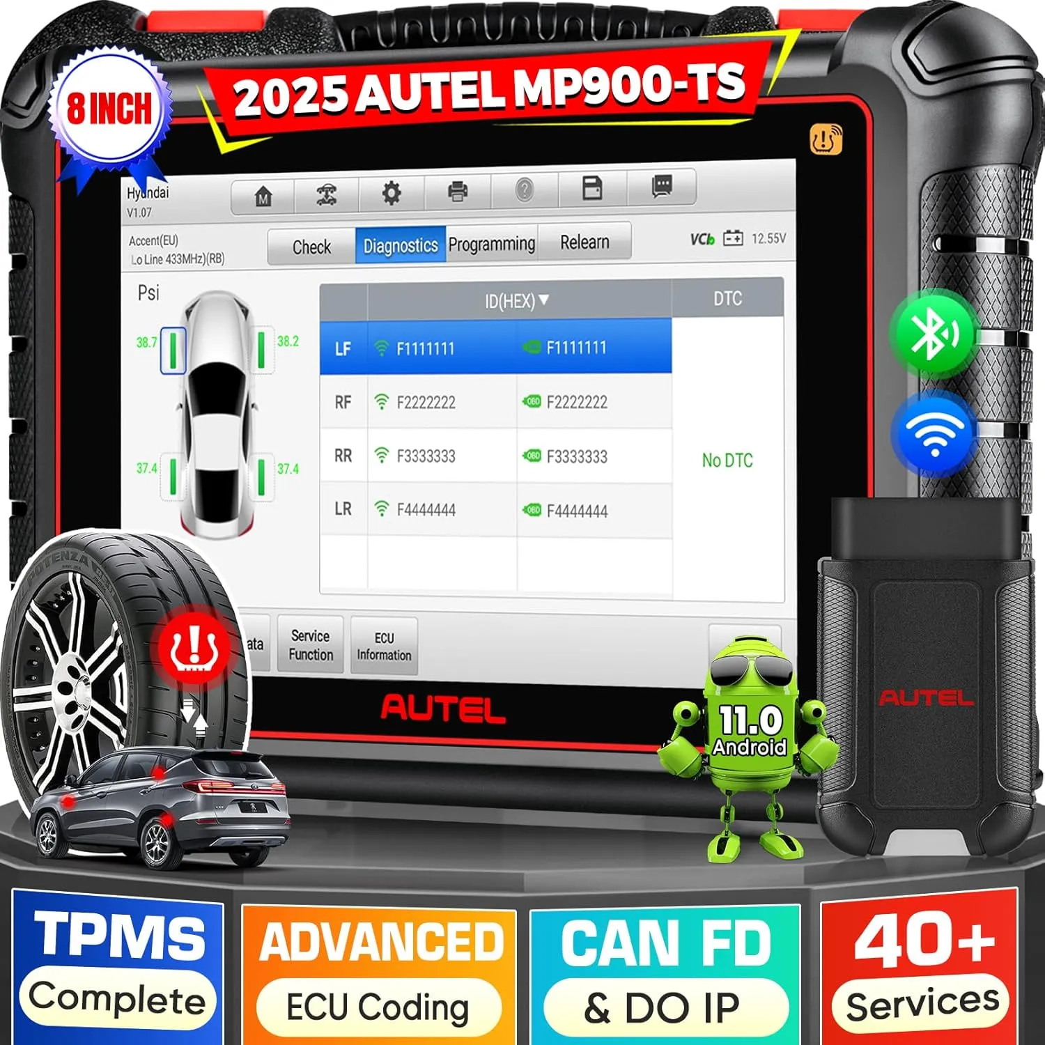 Autel MaxiPRO MP900TS Scanner, 2025 8IN MP900-TS Upgrade of MP900BT/ MS906TS/ MK900TS, DoIP CANFD, Full TPMS as MS906 Pro-TS, Advanced ECU Coding, 40  Services, 3K  Bidirectional Tool, Auto Scan 2.0