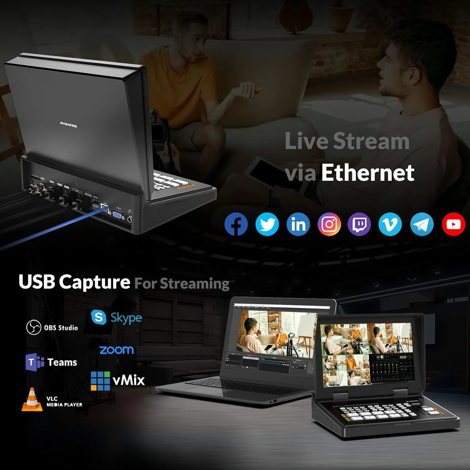 AVMATRIX 10.1" FHD Screen Multi Camera Mixer Switcher, 4 SDI/HDMI Inputs, 6 Audio, USB/SD-Card Record, LAN & USB Out for Professional Studio/Tel-Medical/Tel-Conference/Tel-Education livestream