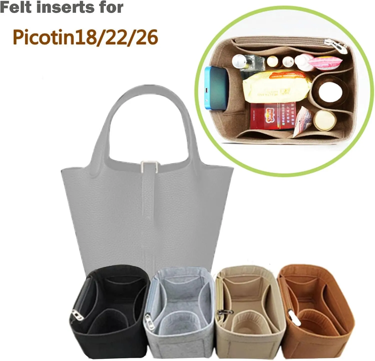 Bag Wallet Organizer -for Picotin18/22/26 Bucket Bag Liner Bag Zipper Lid Liner Organizer 1008camel-A-M