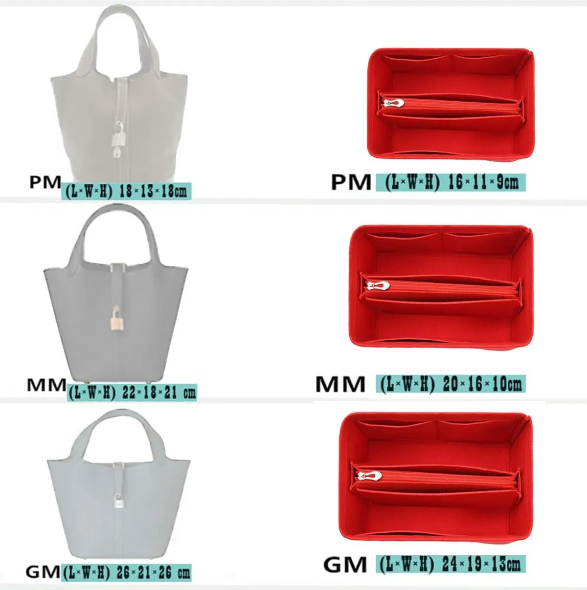 Bag Wallet Organizer -for Picotin18/22/26 Bucket Bag Liner Bag Zipper Lid Liner Organizer 1008camel-A-M