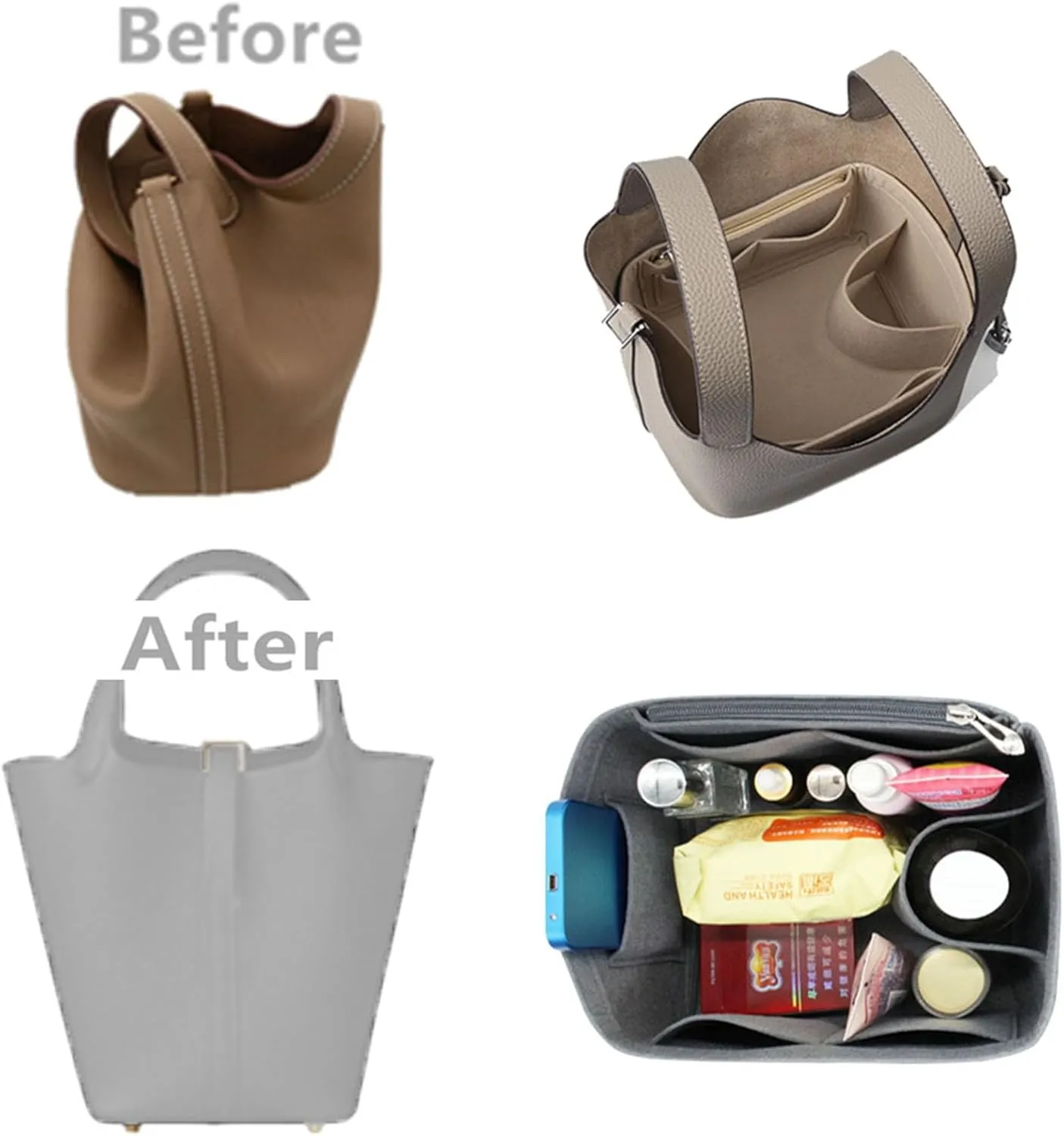 Bag Wallet Organizer -for Picotin18/22/26 Bucket Bag Liner Bag Zipper Lid Liner Organizer 1008camel-A-M