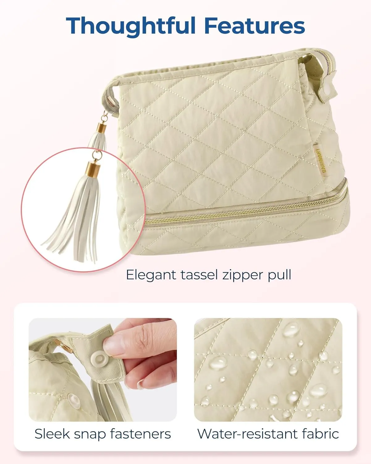BAGSMART Makeup Bag Travel Cosmetic Bag,Puffy Make Up Bags for Women Double Layer Makeup Organizer Case,Wide-open Puffer Pouch for Purse Storage Travel Essentials Toiletries Accessories Brushes, Beige