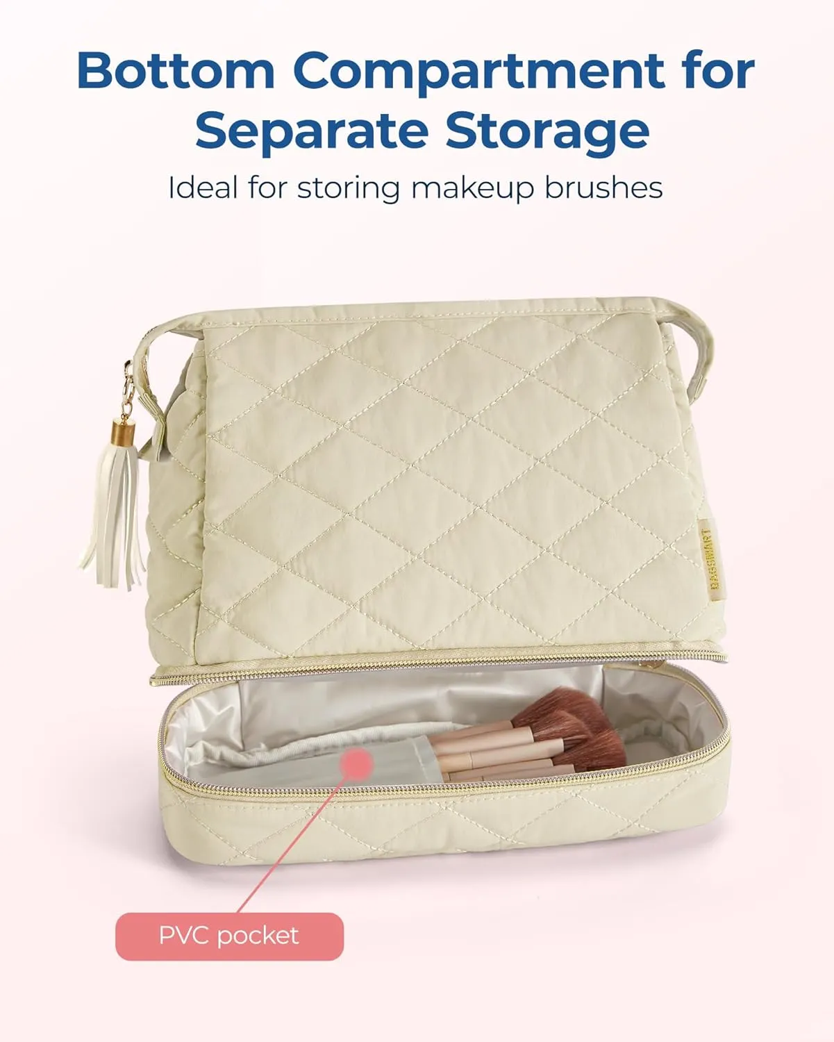BAGSMART Makeup Bag Travel Cosmetic Bag,Puffy Make Up Bags for Women Double Layer Makeup Organizer Case,Wide-open Puffer Pouch for Purse Storage Travel Essentials Toiletries Accessories Brushes, Beige