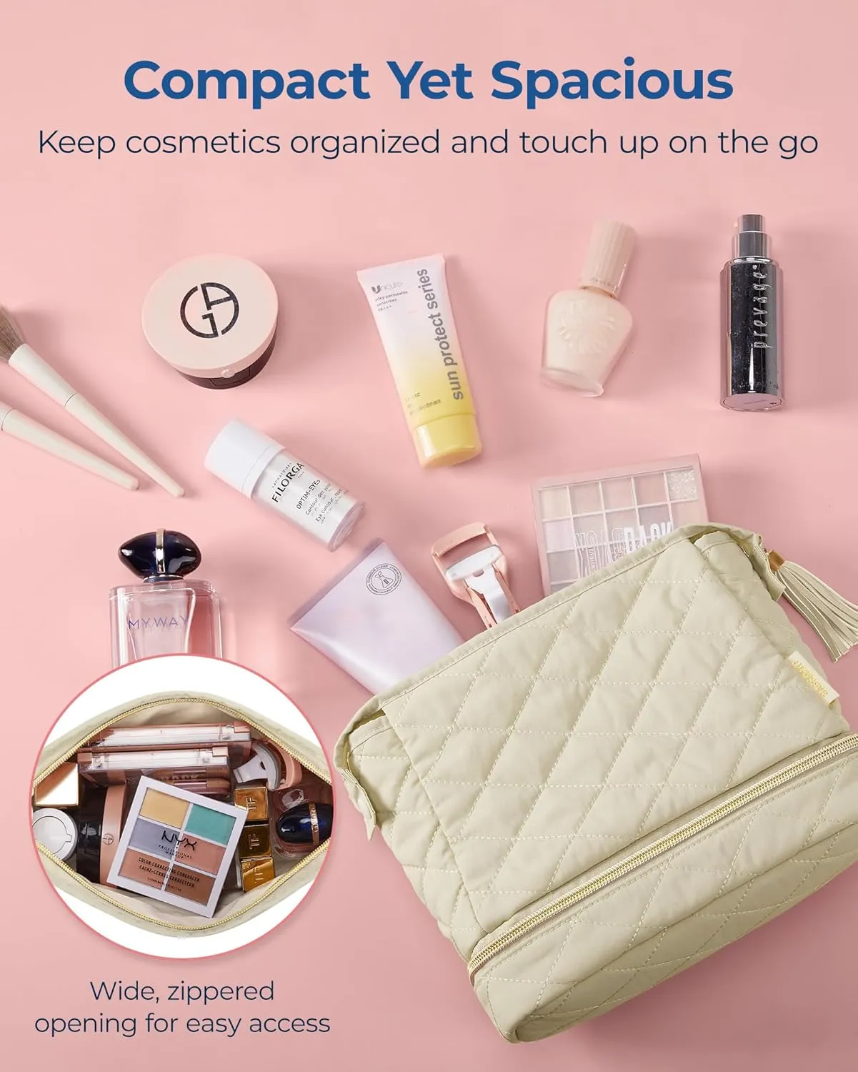BAGSMART Makeup Bag Travel Cosmetic Bag,Puffy Make Up Bags for Women Double Layer Makeup Organizer Case,Wide-open Puffer Pouch for Purse Storage Travel Essentials Toiletries Accessories Brushes, Beige