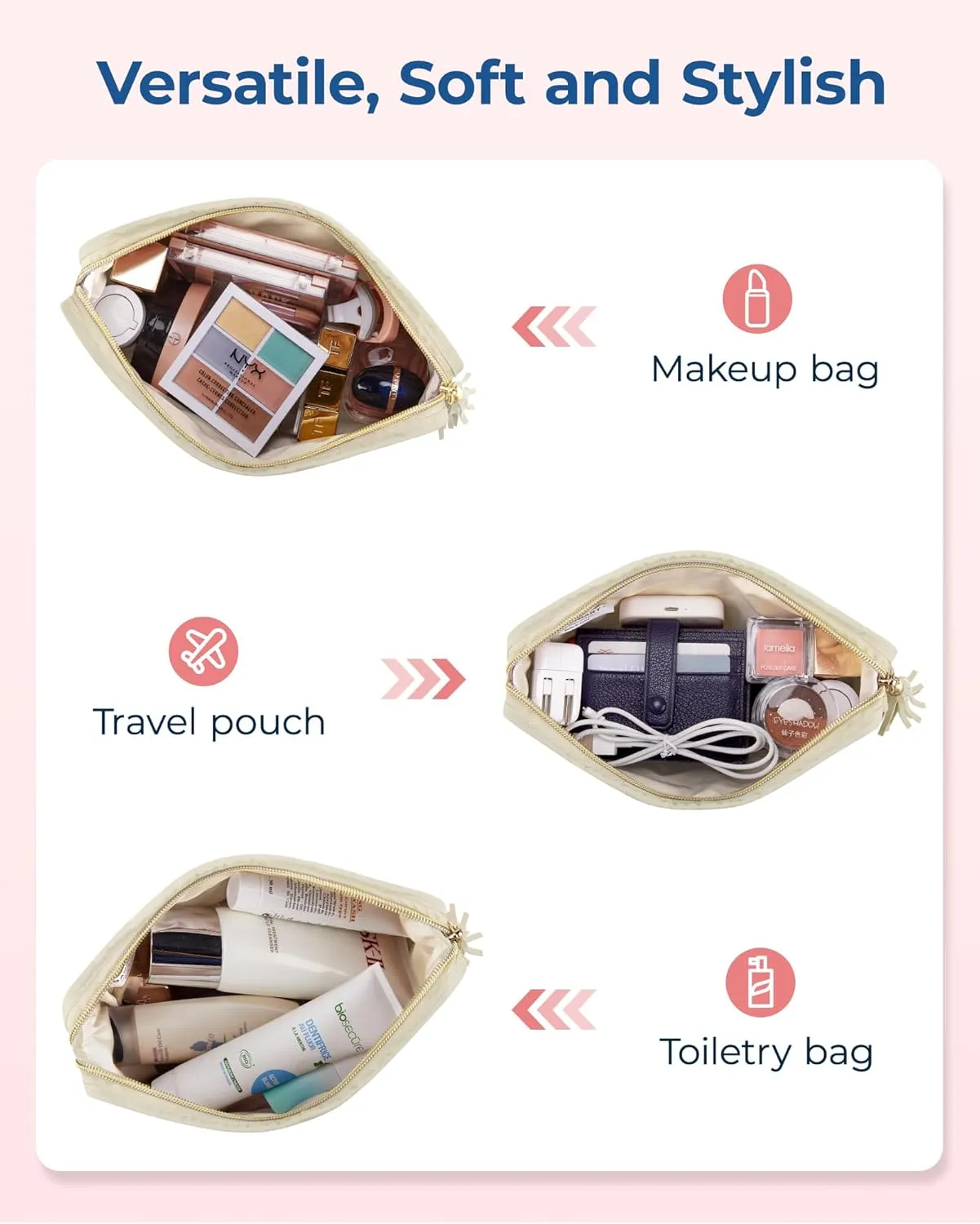 BAGSMART Makeup Bag Travel Cosmetic Bag,Puffy Make Up Bags for Women Double Layer Makeup Organizer Case,Wide-open Puffer Pouch for Purse Storage Travel Essentials Toiletries Accessories Brushes, Beige