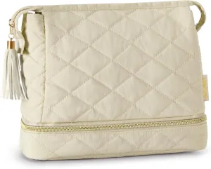 BAGSMART Makeup Bag Travel Cosmetic Bag,Puffy Make Up Bags for Women Double Layer Makeup Organizer Case,Wide-open Puffer Pouch for Purse Storage Travel Essentials Toiletries Accessories Brushes, Beige