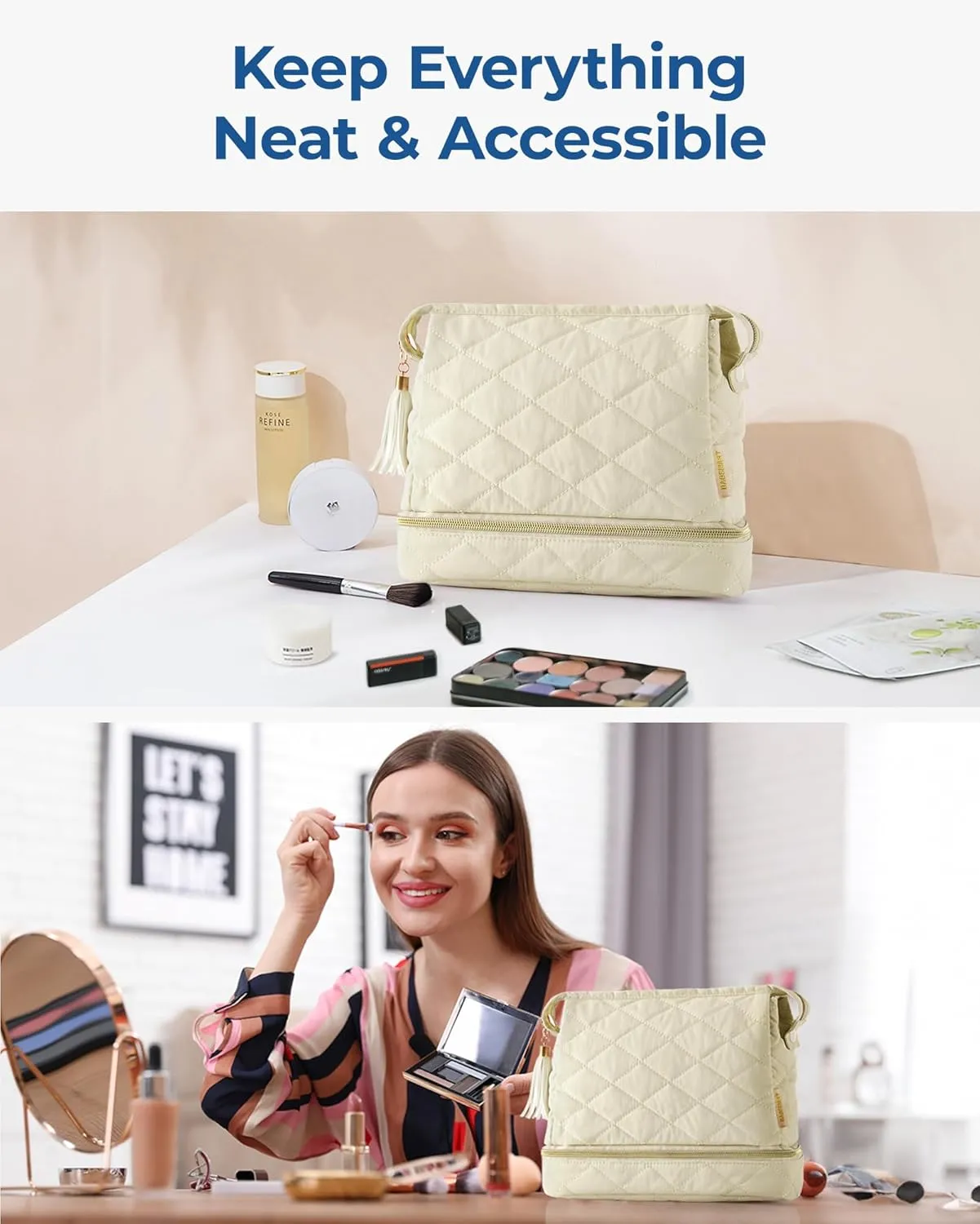 BAGSMART Makeup Bag Travel Cosmetic Bag,Puffy Make Up Bags for Women Double Layer Makeup Organizer Case,Wide-open Puffer Pouch for Purse Storage Travel Essentials Toiletries Accessories Brushes, Beige