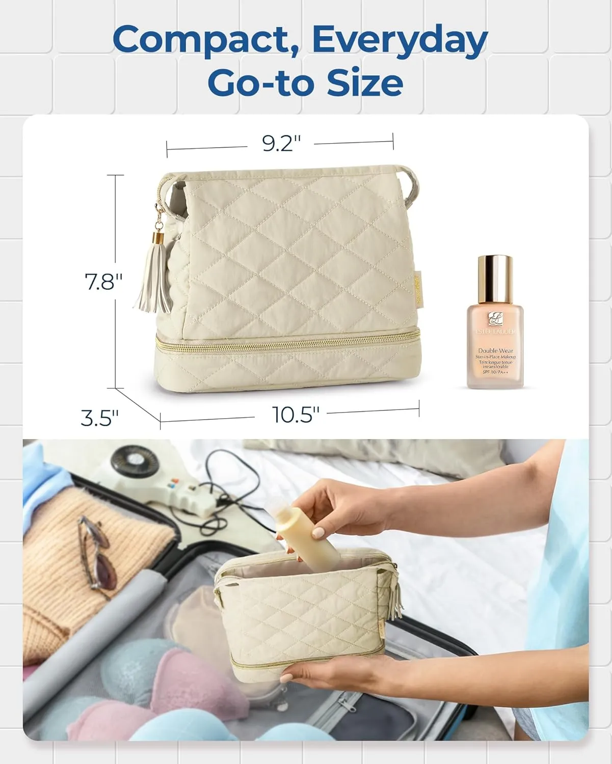 BAGSMART Makeup Bag Travel Cosmetic Bag,Puffy Make Up Bags for Women Double Layer Makeup Organizer Case,Wide-open Puffer Pouch for Purse Storage Travel Essentials Toiletries Accessories Brushes, Beige