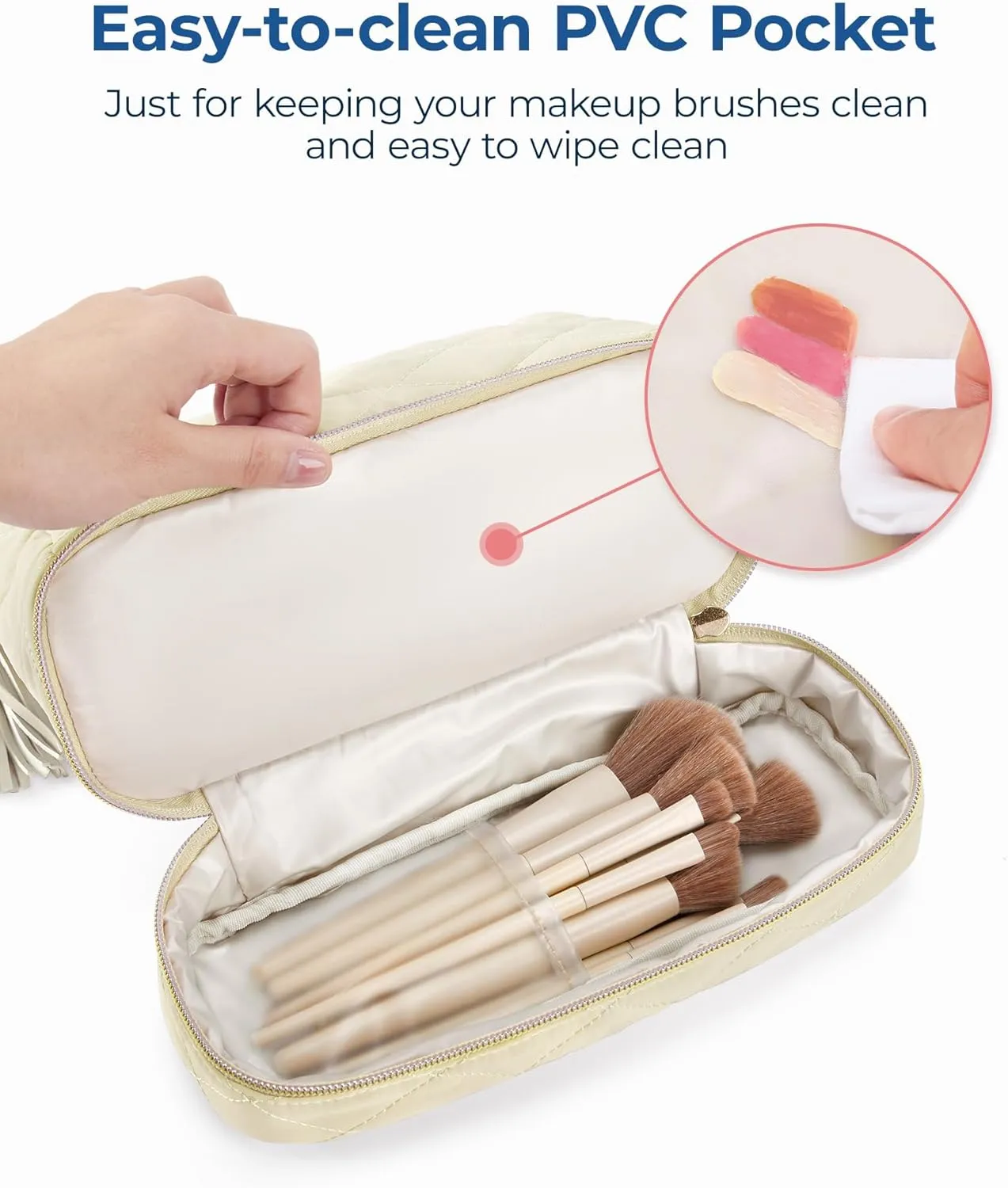 BAGSMART Makeup Bag Travel Cosmetic Bag,Puffy Make Up Bags for Women Double Layer Makeup Organizer Case,Wide-open Puffer Pouch for Purse Storage Travel Essentials Toiletries Accessories Brushes, Beige