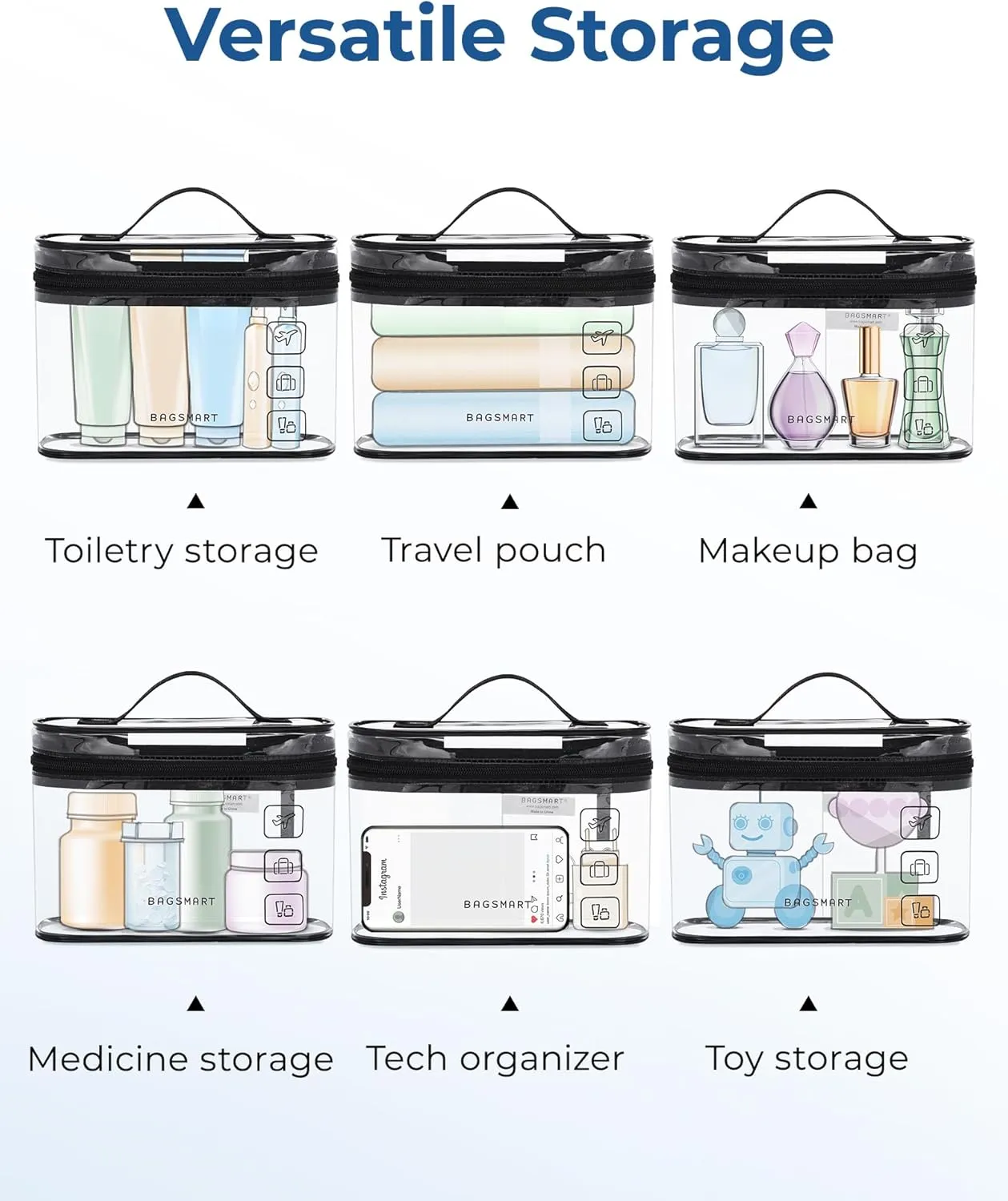 BAGSMART TSA Approved Toiletry Bag, 2 Pack Clear Makeup Cosmetic Bag Organizer, Quart Size Travel Bag for Toiletries, Carry-on Travel Accessories Essentials, Purple-2pcs
