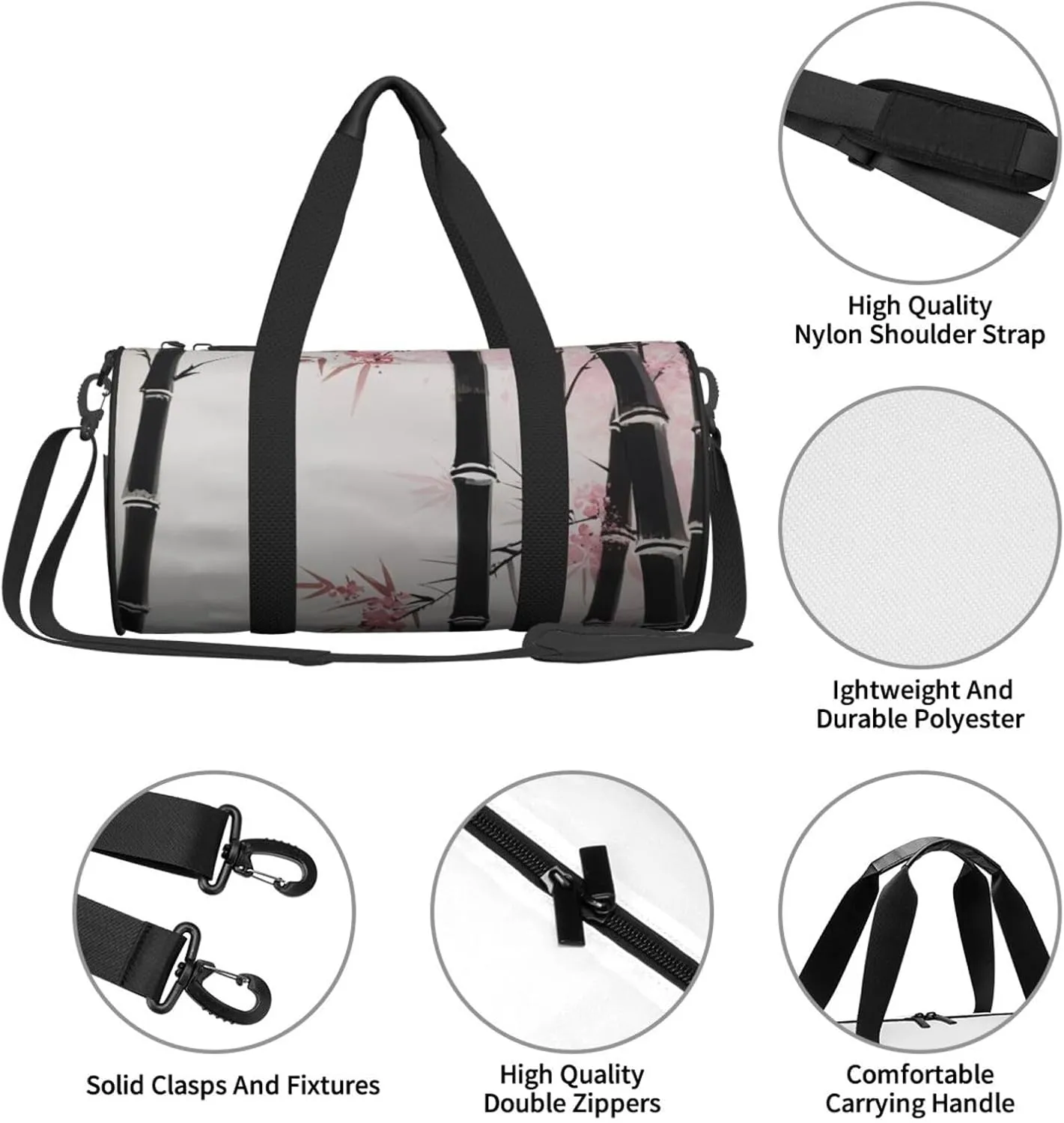 Bamboo and Cherry blossoms Tree Zen Printed Travel Bag,Round Personal Item Storage bag,Foldie Duffel Bag for Traveling Vacation,Fitness,Sports