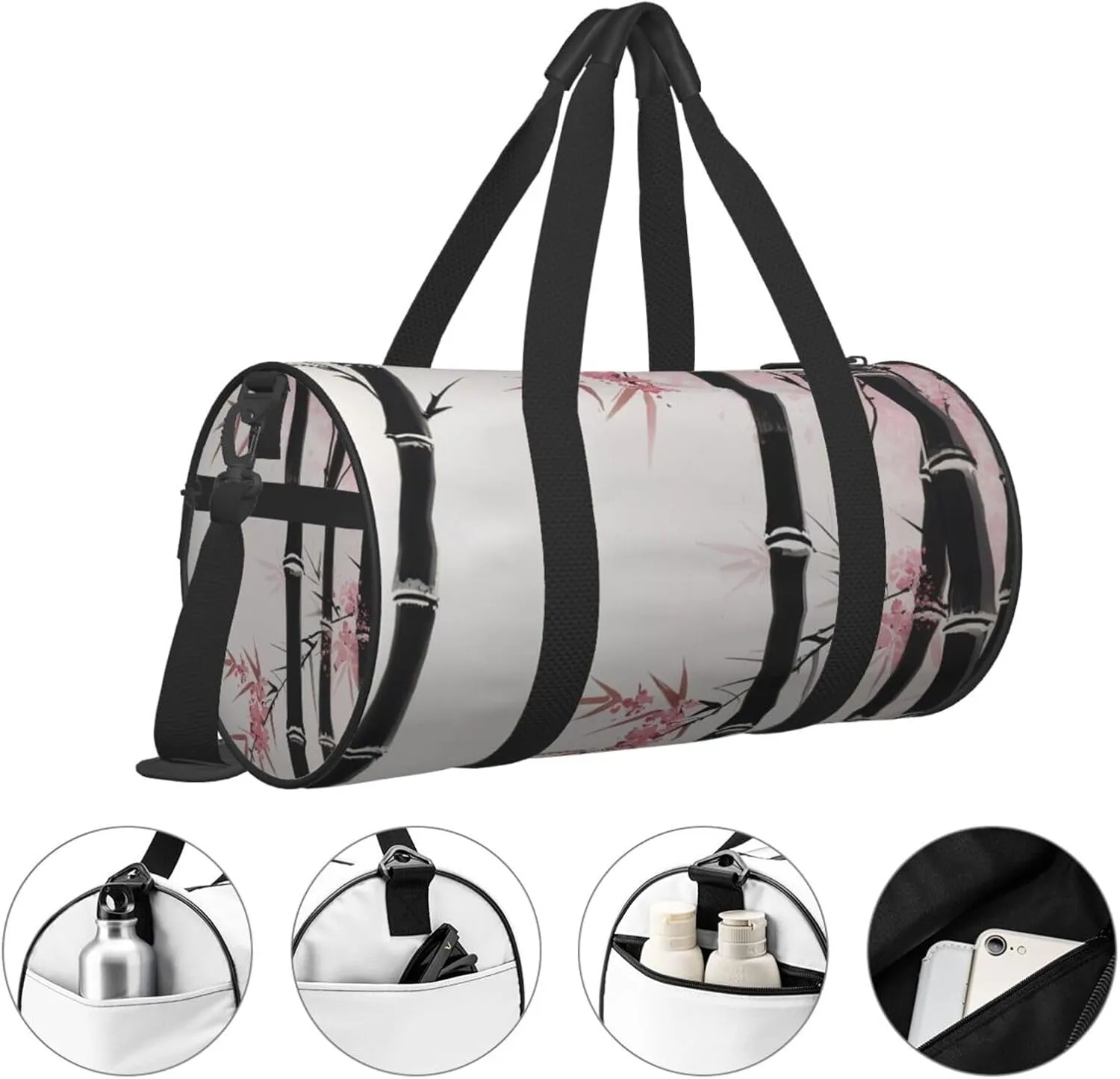 Bamboo and Cherry blossoms Tree Zen Printed Travel Bag,Round Personal Item Storage bag,Foldie Duffel Bag for Traveling Vacation,Fitness,Sports
