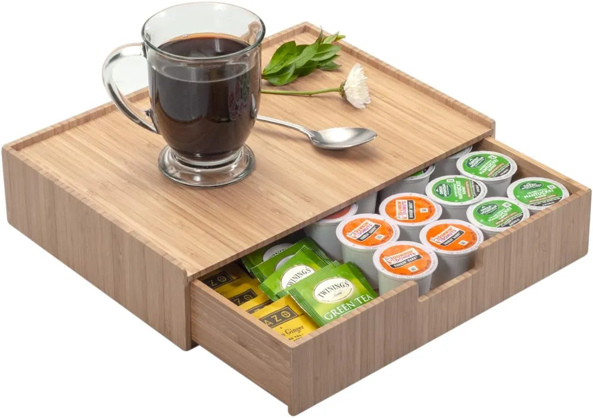 Bamboo Drawer Organizer to hold Single-serve coffee pods, Coffee, Tea, & Espresso Pods, Condiments and Accessories, Perfect for Kitchens & Office Break Rooms