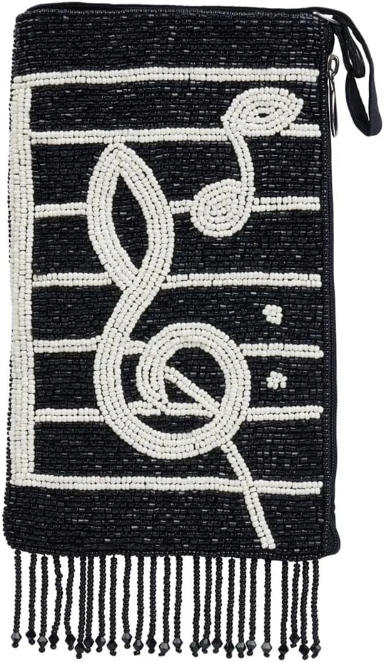 Bamboo Trading Company Symphony Music Notes Bag Beaded Phone Crossbody, Black Multi