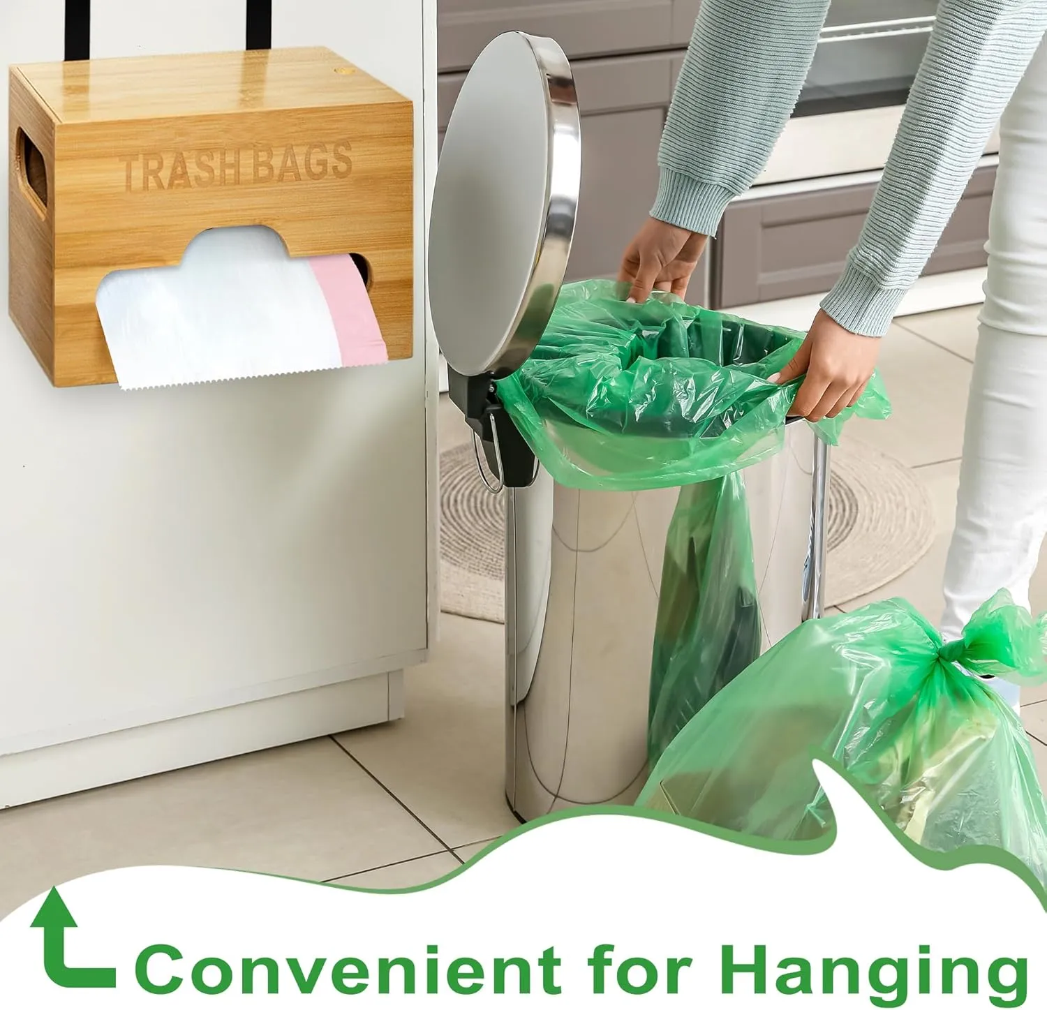 Bamboo Trash Bag Holder - Wall Mounted Dispenser, Kitchen Grocery Bag Organizer with Handle for Under Sink Cabinet