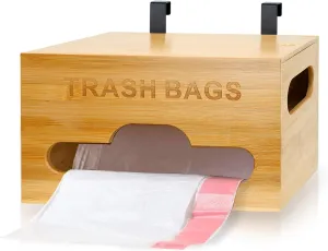 Bamboo Trash Bag Holder - Wall Mounted Dispenser, Kitchen Grocery Bag Organizer with Handle for Under Sink Cabinet