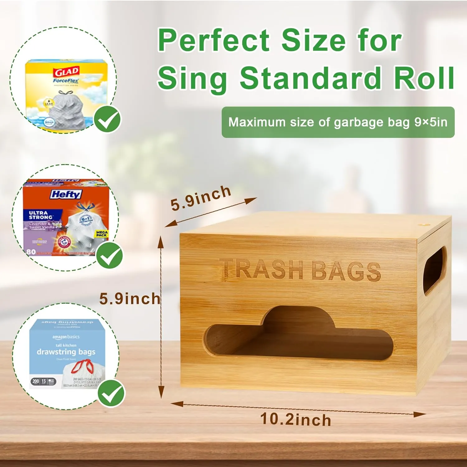 Bamboo Trash Bag Holder - Wall Mounted Dispenser, Kitchen Grocery Bag Organizer with Handle for Under Sink Cabinet
