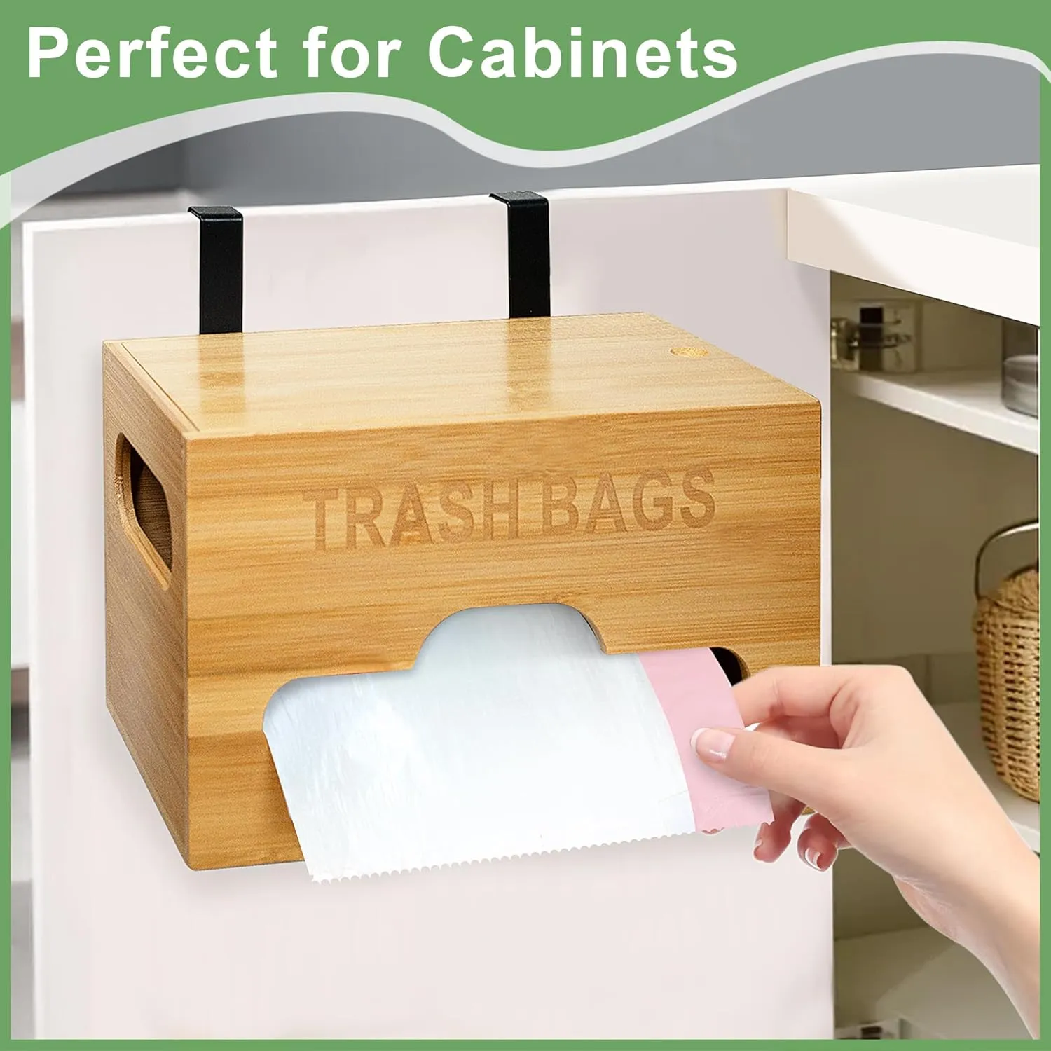 Bamboo Trash Bag Holder - Wall Mounted Dispenser, Kitchen Grocery Bag Organizer with Handle for Under Sink Cabinet