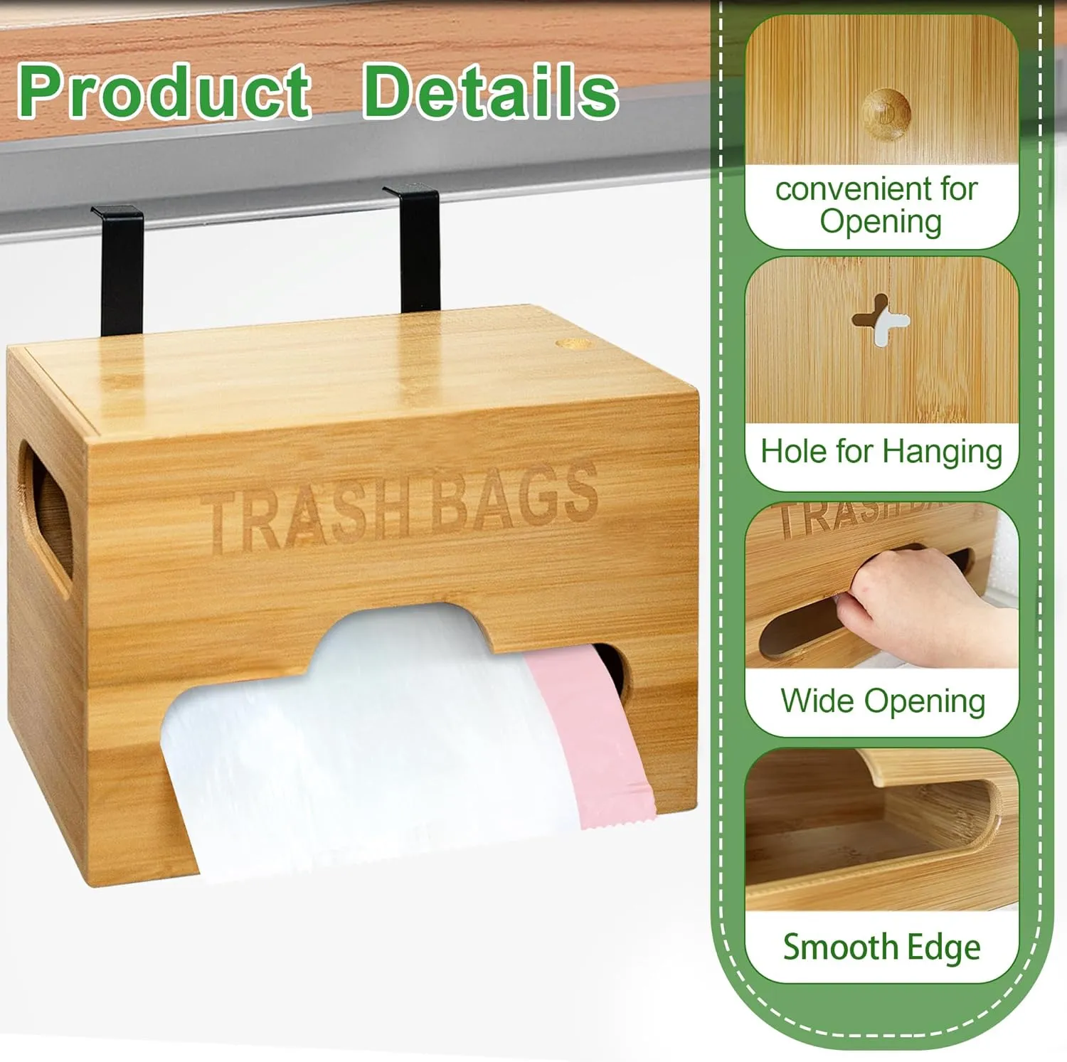 Bamboo Trash Bag Holder - Wall Mounted Dispenser, Kitchen Grocery Bag Organizer with Handle for Under Sink Cabinet