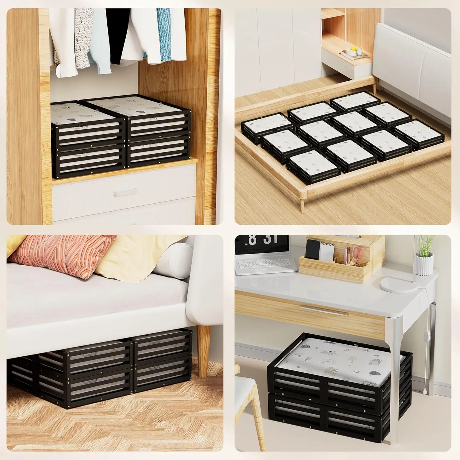 Bamboo Under Bed Storage Containers- Underbed Organizer with Wheels with Large Capacity Dust Bag,Sturdy Wood Rolling Under Bed Shoe Storage Organizer 2 Packs (Black, 2 Packs (23.62"×16.54"))