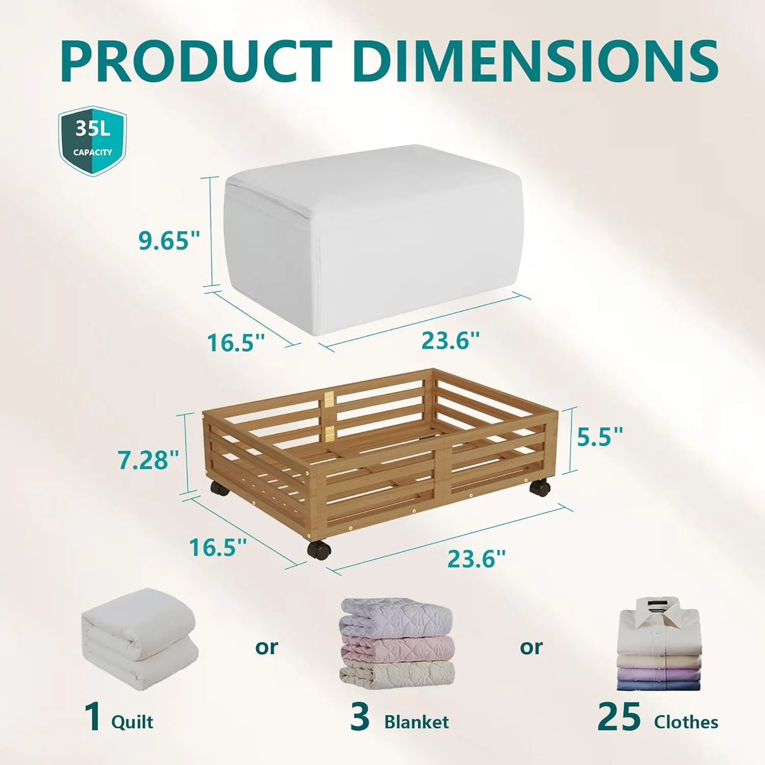 Bamboo Under Bed Storage Containers- Underbed Organizer with Wheels with Large Capacity Dust Bag,Sturdy Wood Rolling Under Bed Shoe Storage Organizer 2 Packs (Walnut, 2 Packs (23.62"×16.54"))
