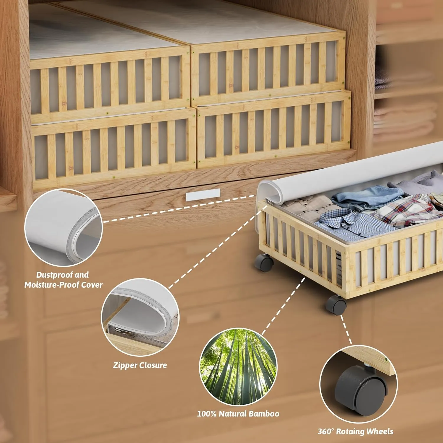 Bamboo Under Bed Storage Containers with Wheels, 1 Pack Large Under the Bed Shoe Storage Bins, Wood Rolling Underbed Drawers Organizer for Bedroom Closet Clothes Blanket Under Crib Toy Nature