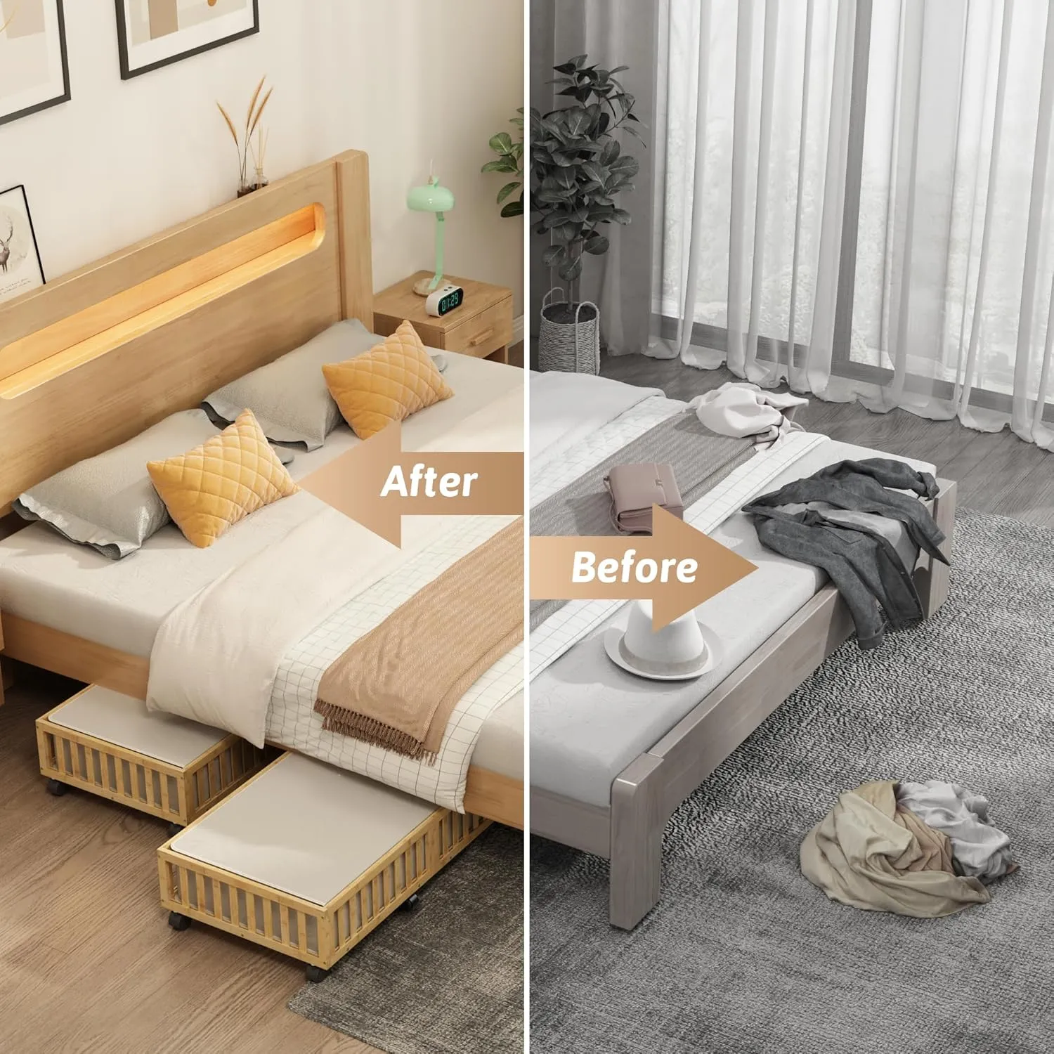 Bamboo Under Bed Storage Containers with Wheels, 1 Pack Large Under the Bed Shoe Storage Bins, Wood Rolling Underbed Drawers Organizer for Bedroom Closet Clothes Blanket Under Crib Toy Nature