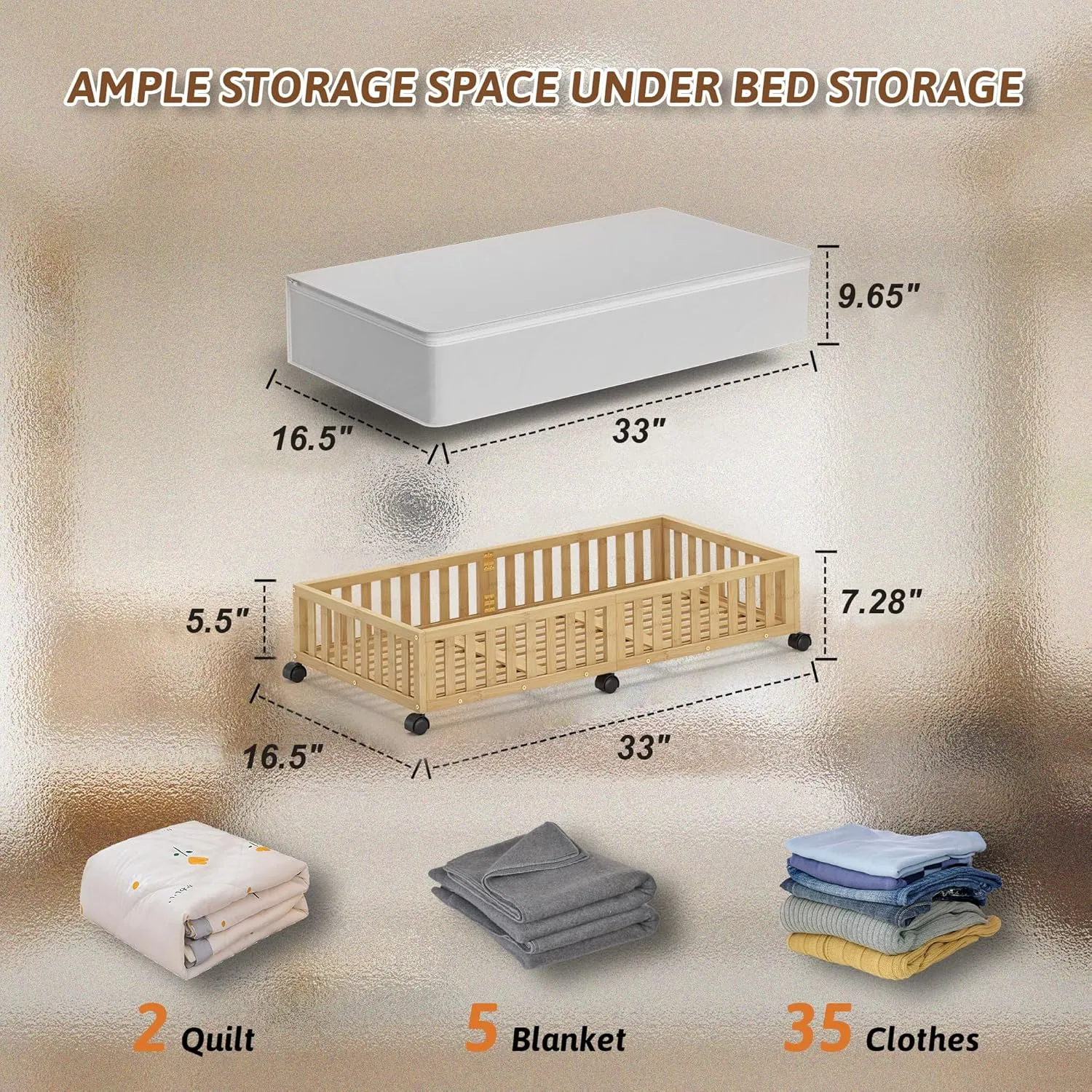 Bamboo Under Bed Storage Containers with Wheels, 1 Pack Large Under the Bed Shoe Storage Bins, Wood Rolling Underbed Drawers Organizer for Bedroom Closet Clothes Blanket Under Crib Toy Nature