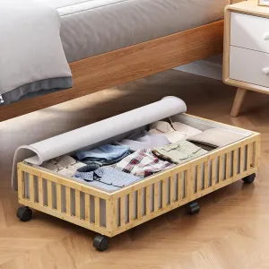 Bamboo Under Bed Storage Containers with Wheels, 1 Pack Large Under the Bed Shoe Storage Bins, Wood Rolling Underbed Drawers Organizer for Bedroom Closet Clothes Blanket Under Crib Toy Nature