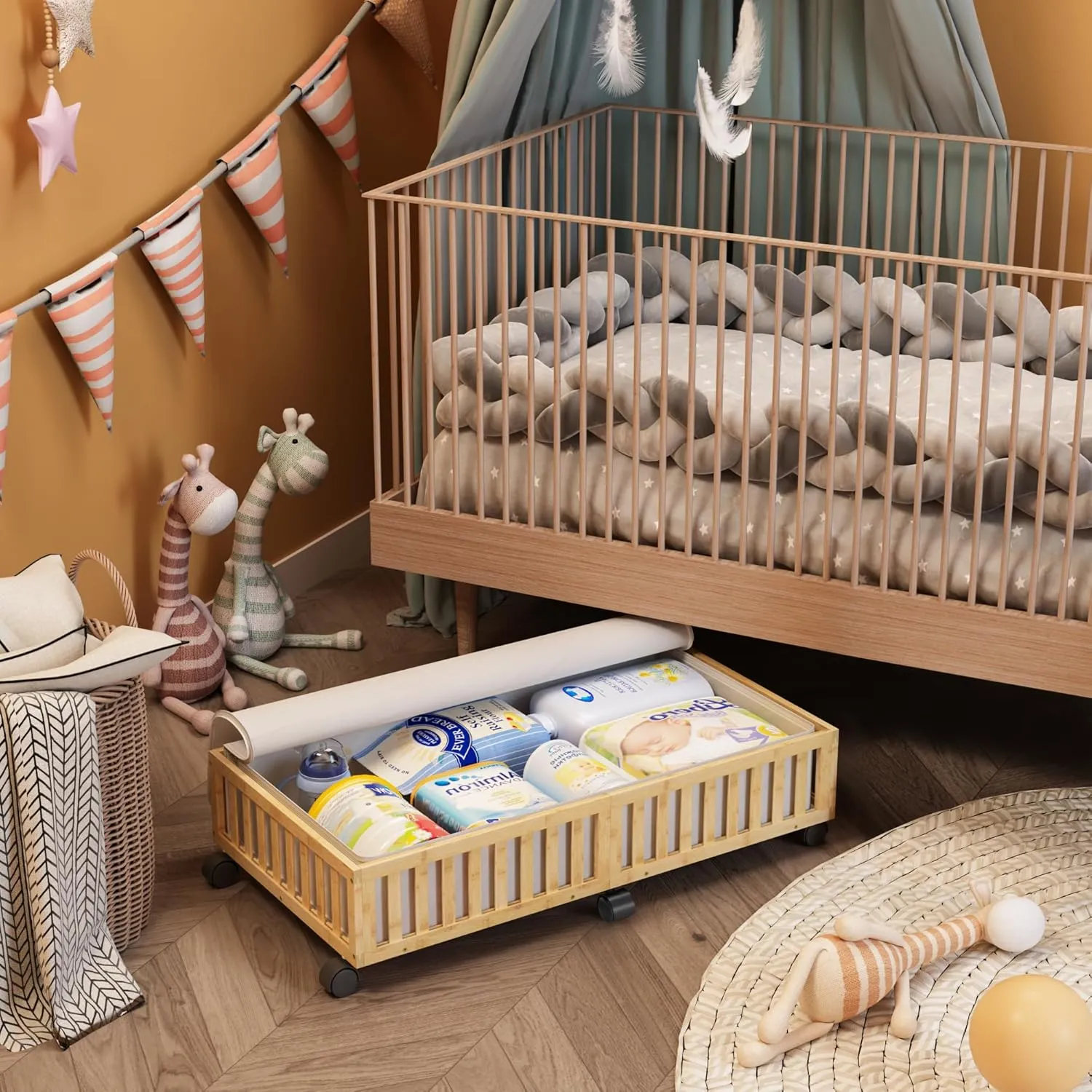 Bamboo Under Bed Storage Containers with Wheels, 1 Pack Large Under the Bed Shoe Storage Bins, Wood Rolling Underbed Drawers Organizer for Bedroom Closet Clothes Blanket Under Crib Toy Nature