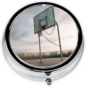 Basketball Court Backboard Pill Box Round Pill Case for Pocket Purse 3 Compartment Medicine Pill Organizer Cute Portable Travel Pillbox Vitamin Cod Liver Oil Storage Box Unique Gift Organizer
