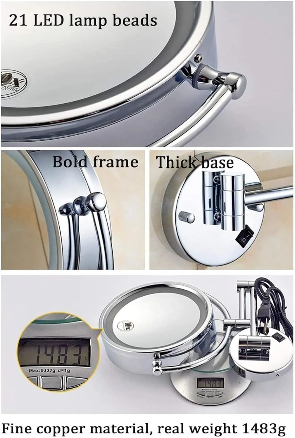 Bathroom Mirrors with Lights 7X Magnification,Double- Sided Makeup Mirrors Magnifying Shaving Mirrors for Home, spa and Hotel(3X)
