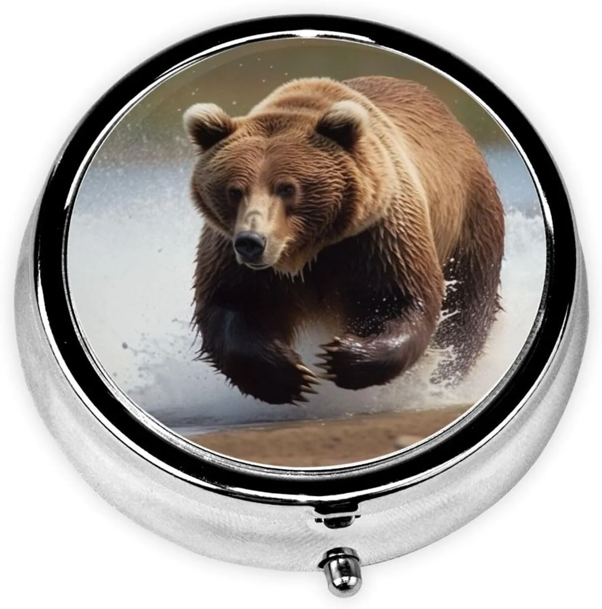 Bear Running Pill Box Round Pill Case for Pocket Purse 3 Compartment Medicine Pill Organizer Cute Portable Travel Pillbox Vitamin Cod Liver Oil Storage Box Unique Gift Organizer