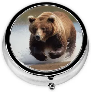 Bear Running Pill Box Round Pill Case for Pocket Purse 3 Compartment Medicine Pill Organizer Cute Portable Travel Pillbox Vitamin Cod Liver Oil Storage Box Unique Gift Organizer
