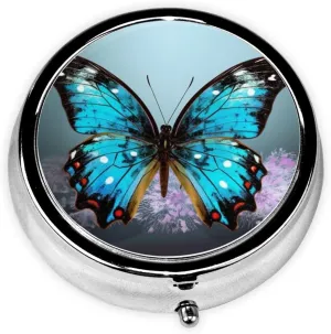 Beautiful Butterfly Pill Box Round Pill Case for Pocket Purse 3 Compartment Medicine Pill Organizer Cute Portable Travel Pillbox Vitamin Cod Liver Oil Storage Box Unique Gift Organizer