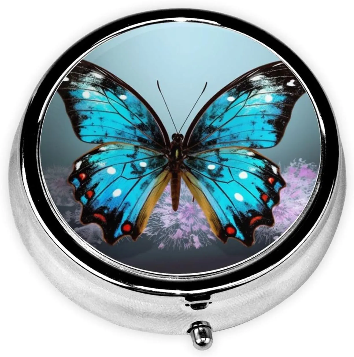 Beautiful Butterfly Pill Box Round Pill Case for Pocket Purse 3 Compartment Medicine Pill Organizer Cute Portable Travel Pillbox Vitamin Cod Liver Oil Storage Box Unique Gift Organizer
