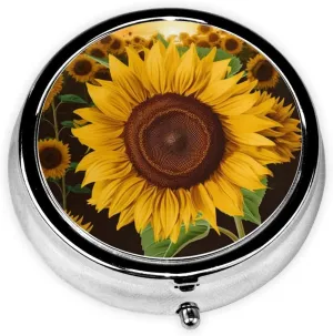 Beautiful Sunflower Pill Box Round Pill Case for Pocket Purse 3 Compartment Medicine Pill Organizer Cute Portable Travel Pillbox Vitamin Cod Liver Oil Storage Box Unique Gift Organizer