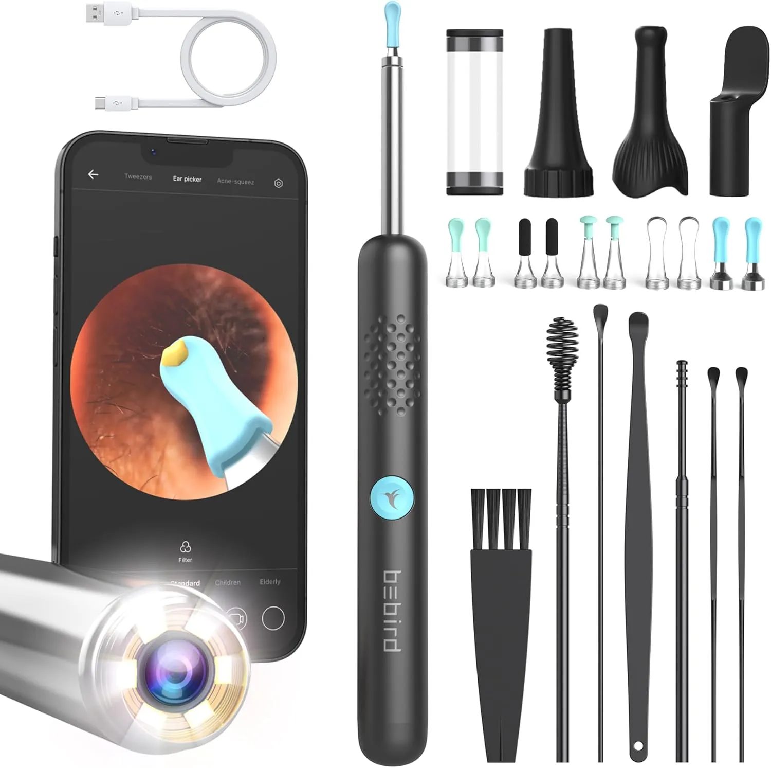 BEBIRD Ear Wax Removal Tool with HD Camera - R1 Upgraded Smart Visual Ear Cleaner with Otoscope, Ear Viewer with 6 LED Light & Multi Replacement Tips for Cleaning Earwax & Inspection Kits